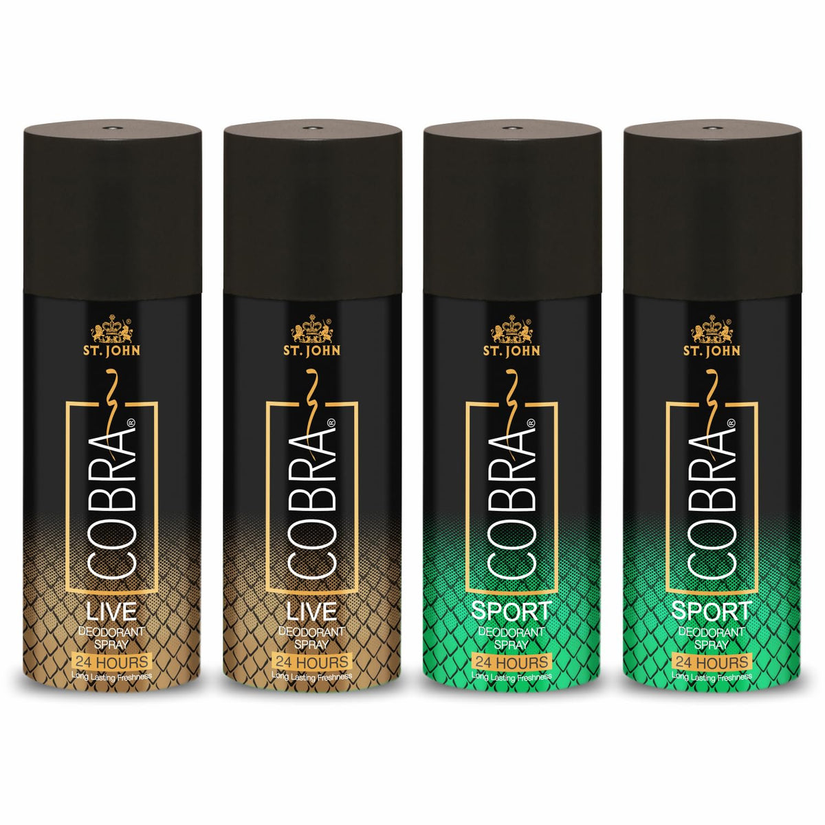 St. John Cobra Live + Live + Sports + Sports Deodorants Body Spray 600ml 20.2 Fl.oz. Pack Of 4 | Perfect Dailywear Perfume For Unisex