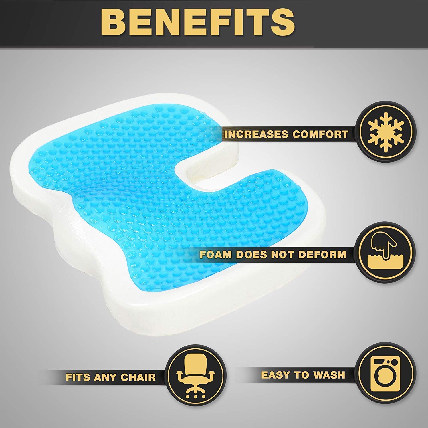 Orthopedic Seat Cushion Pillow, Memory Foam Gel Chair Cushions For Back, Tailbone, Black - 17.7 X 13.8 Inch | Butt & Coccyx Discomfort Relief - Support Pillow For Office, Car - Design 4