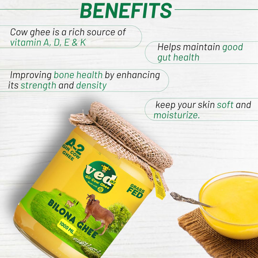 100% Pure A2 Gir Cow Ghee By Ved-A2 | Traditional Bilona Method Healthy Desi Ghee Good For Baking | (1 Litr) 33.8 Ounce | Jar Pack
