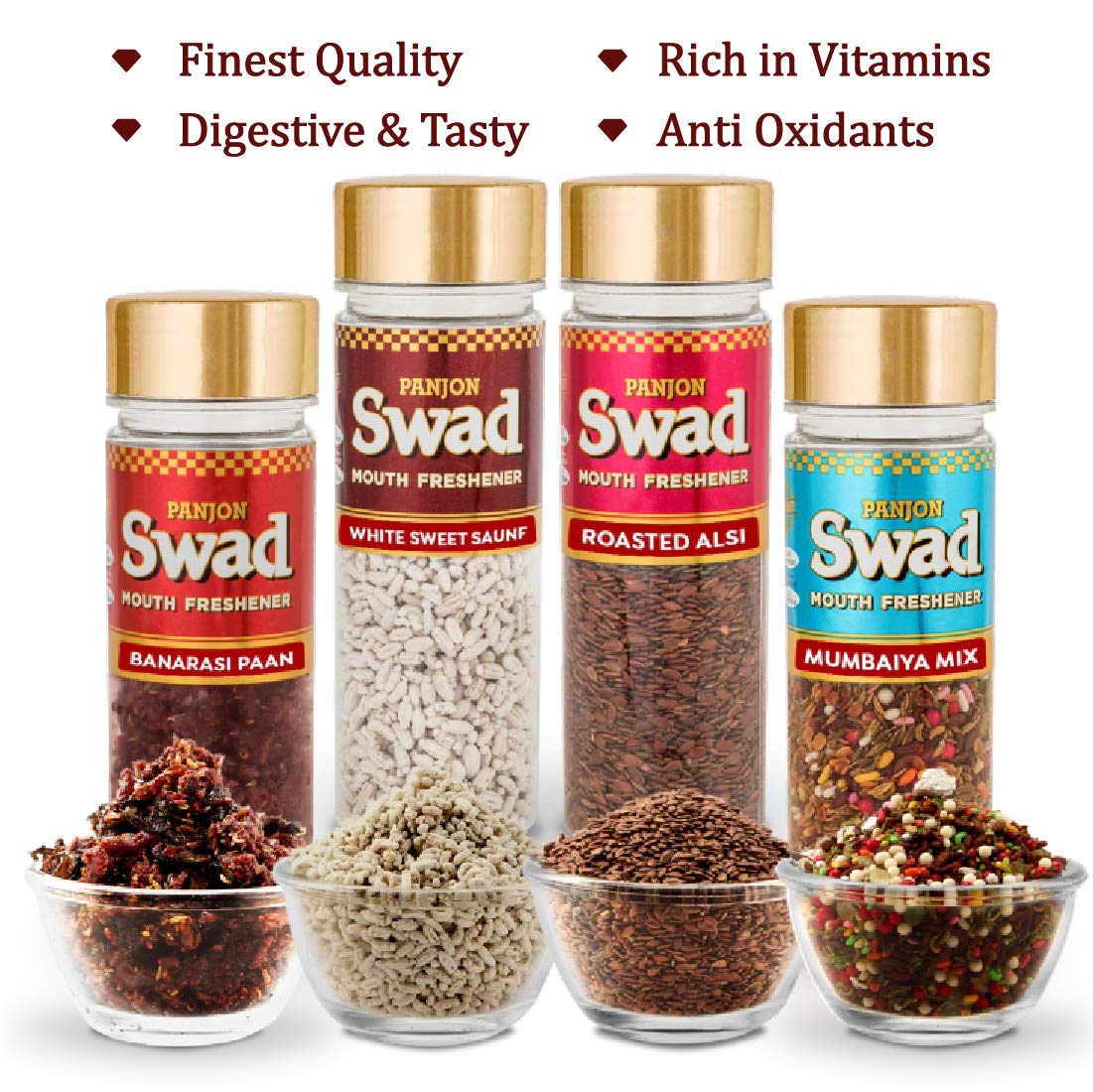 Panjon Swad White Sweet Saunf, Roasted Alsi, Mumbaiya Mix, Banarasi Paan Mouth Freshners 460gm, (105gm *4 Bottles)