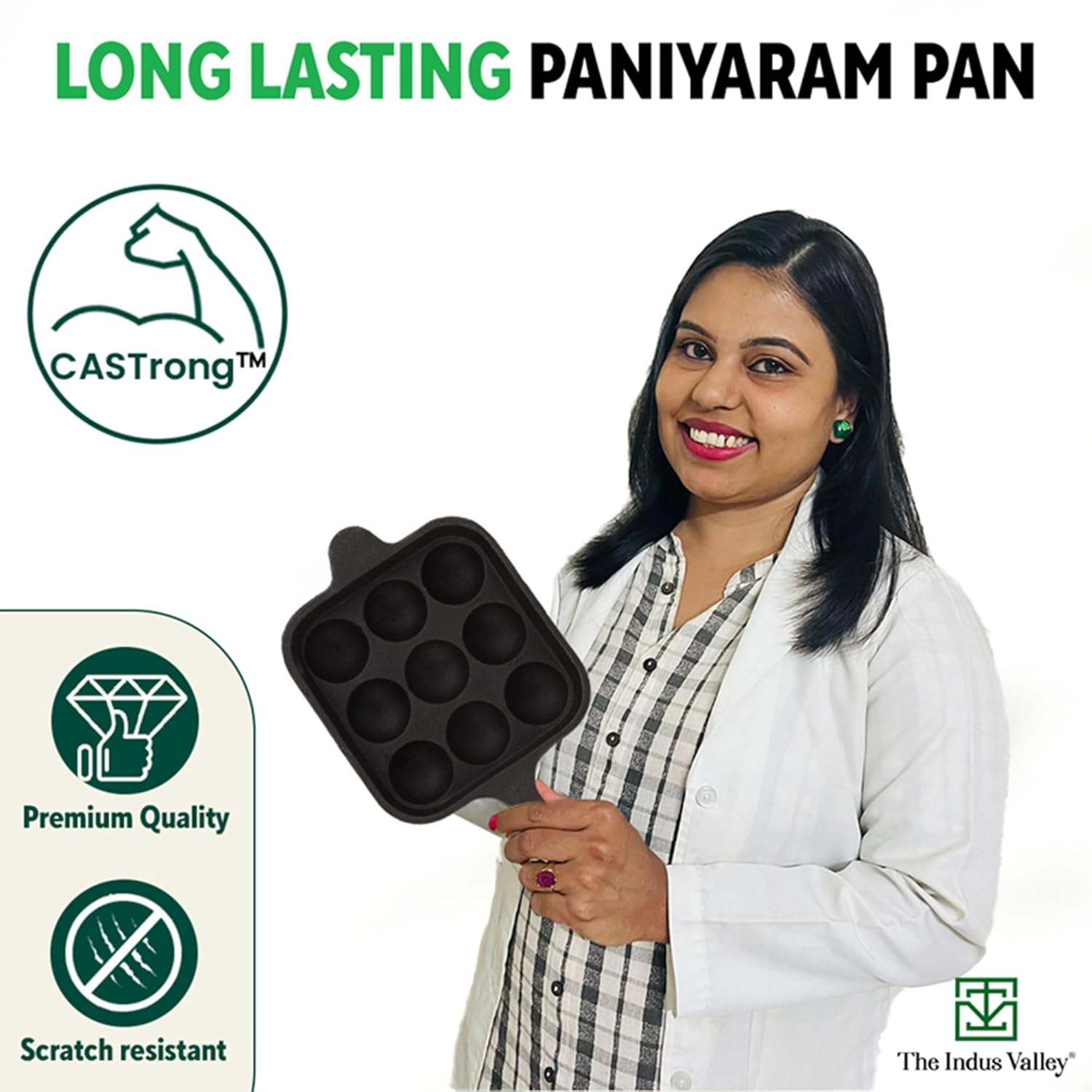 Pre-Seasoned Black Cast Iron Square Paniyaram Pan With Free Wooden Picker - 9 Pits, 18cm, 7.1 Inch, 2.4 Kg | Induction Friendly - Pre-Seasoned Paddu Pan, 100% Pure & Toxin-Free, No Chemical Coating