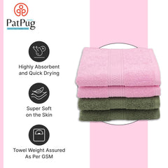 Patpug 100% Indian Ultra Soft Cotton Hand Towel 800 Gsm | For Gym, Workout, Yoga, Wash Basin (Baby Pink & Olive Green) - 4 Piece