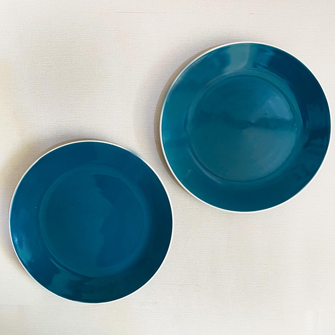 Retro Green Handcrafted Ceramic Dinner Set - 3 Pieces | 1 Dinner Plate + 2 Katori Bowls, 180ml Each Dinnerware Set | Serving For 1, Microwave Safe & Dishwasher Safe