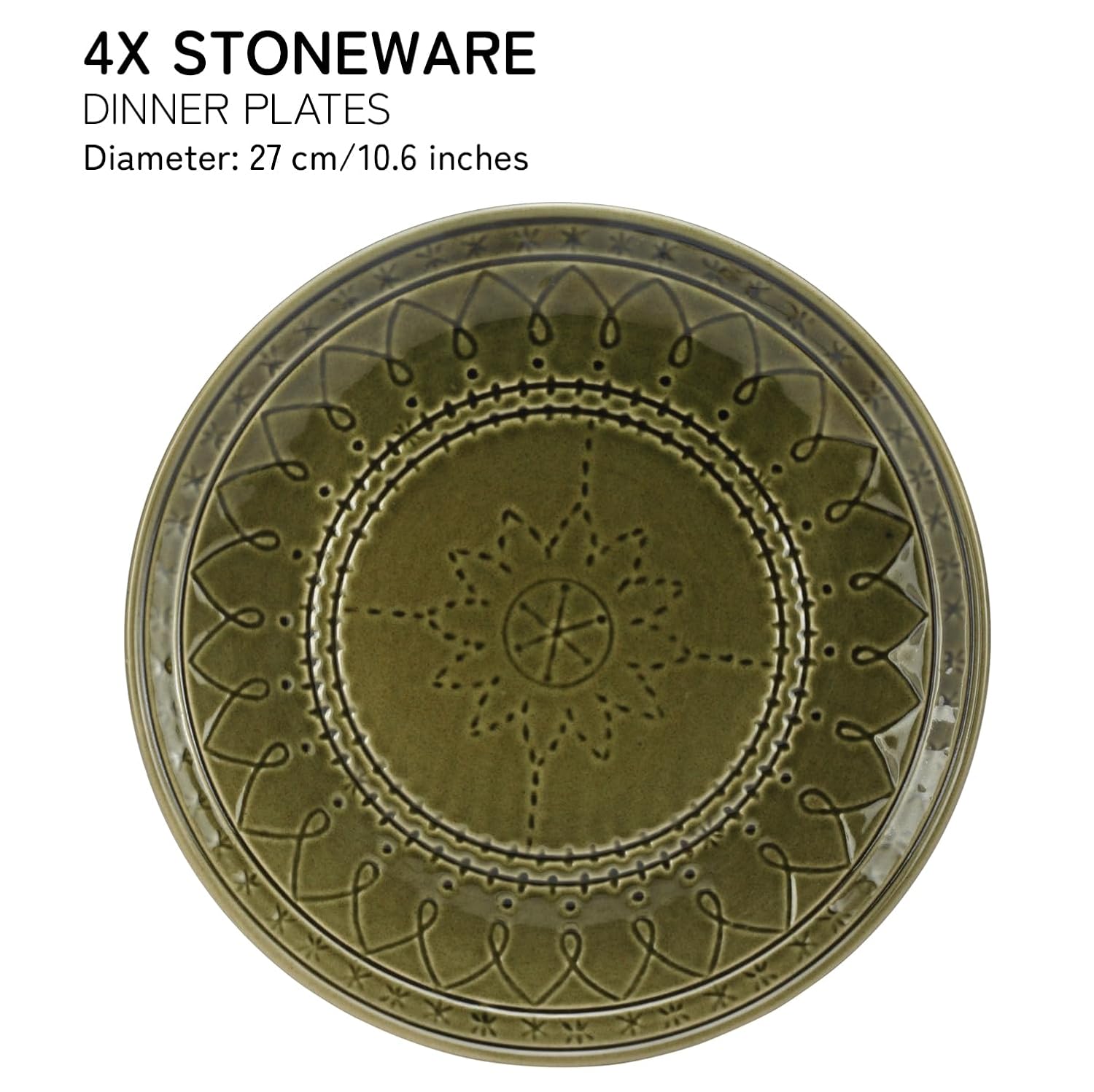 Ceramic Hand Glazed Stoneware Embossed Large Dinner Plates Set Of 4 - 10.6 Inch, Moss Green | Microwave Safe & Dishwasher Safe