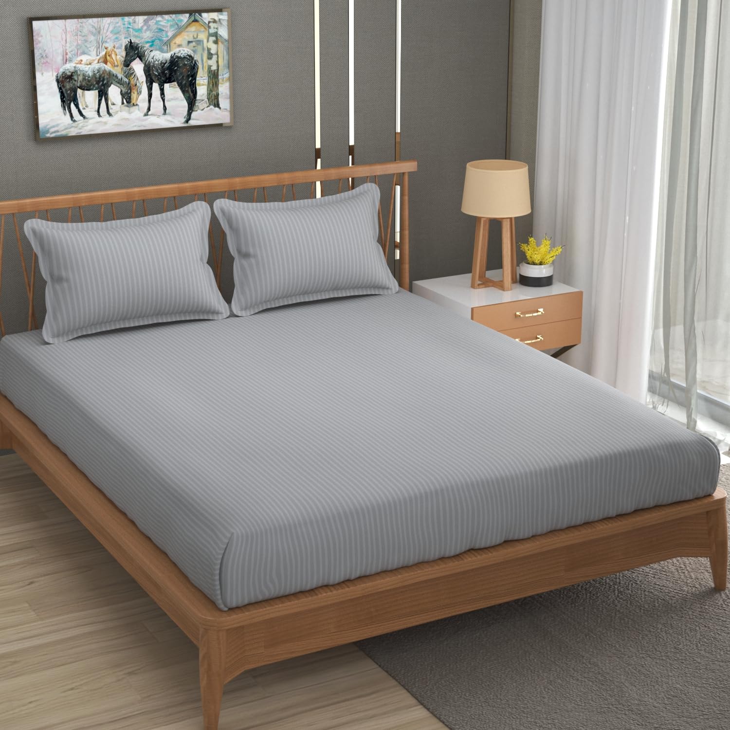 Stripe Glace Cotton 1 Double Bedsheet With 2 Pillow Cover - 91 X 90 Inches, Silver | Fade Resistant & Durable Breathable & Wrinkle Free Bed Sheet