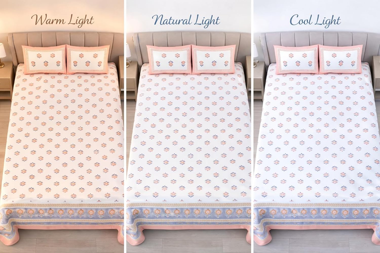 Hand Printed Cotton Bedsheet For King Size With 2 Pillow Covers | 90 X 108 Inches, Pink & White | Ultra-Soft & Skin-Safe | Breathable Summer Comfort