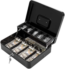 Cash Box With Key Lock & 2 Level Money Tray, Metal Money Box, 4 Note & 5 Coin Slots, Large Size: 30 * 24 * 9cm, Colour - Black, Special Feature - Portable