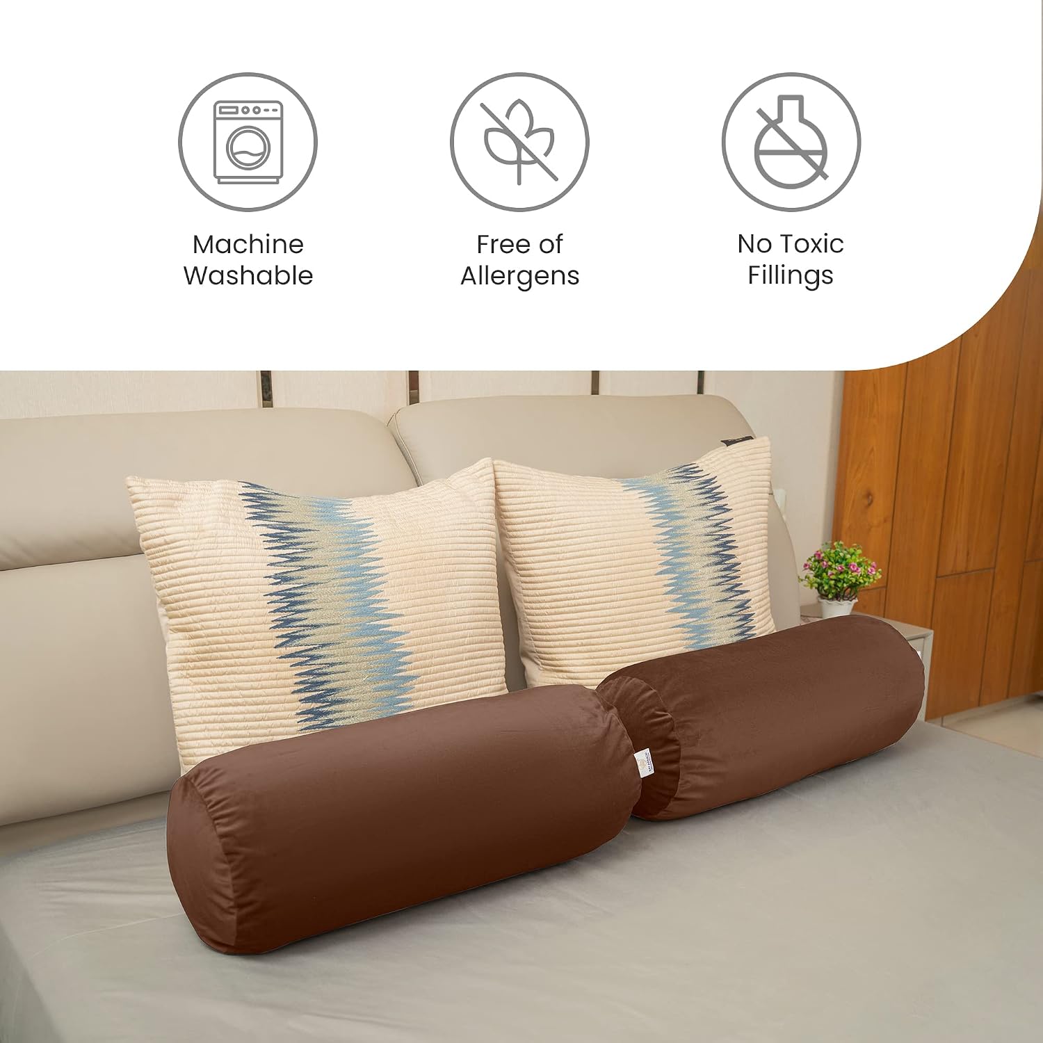 Microfiber Bolster Pillow For Bed & Sofa, Side, Diwan, Brown - 10 X 25 Inch | Round Side Pillow | Light, Soft & Fluffy For Neck & Back Support | Washable, Velvet Cover With Zip - Set Of 2