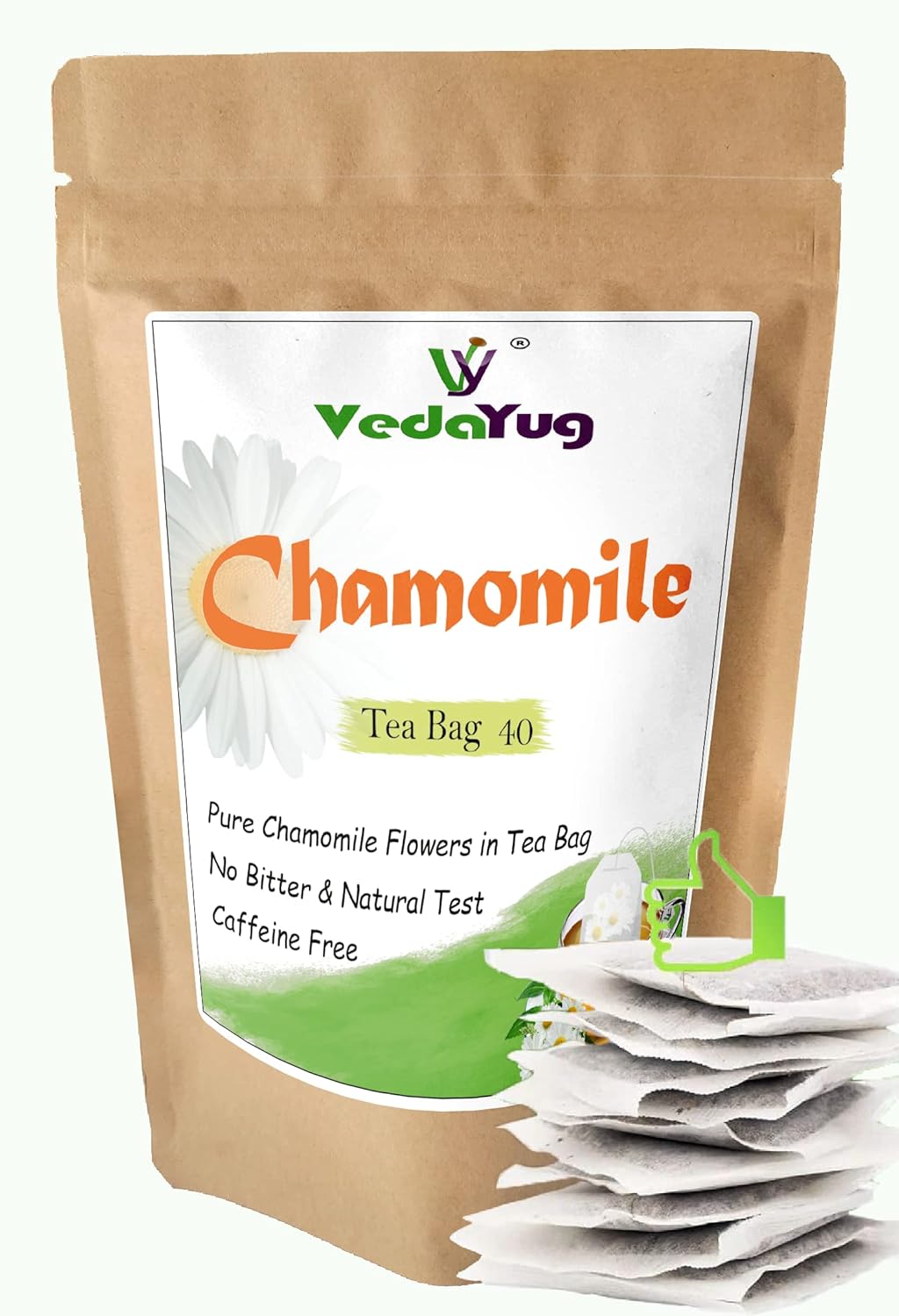 VedaYug Chamomile Herbal Tea - 40 Tea Bags, 52gm, 1.8 Ounce | Rich Flavor & Fragrance, Sleep & Stress Relief Tea - Caffeine Free, No Additives | Use For Ice & Hot Tea