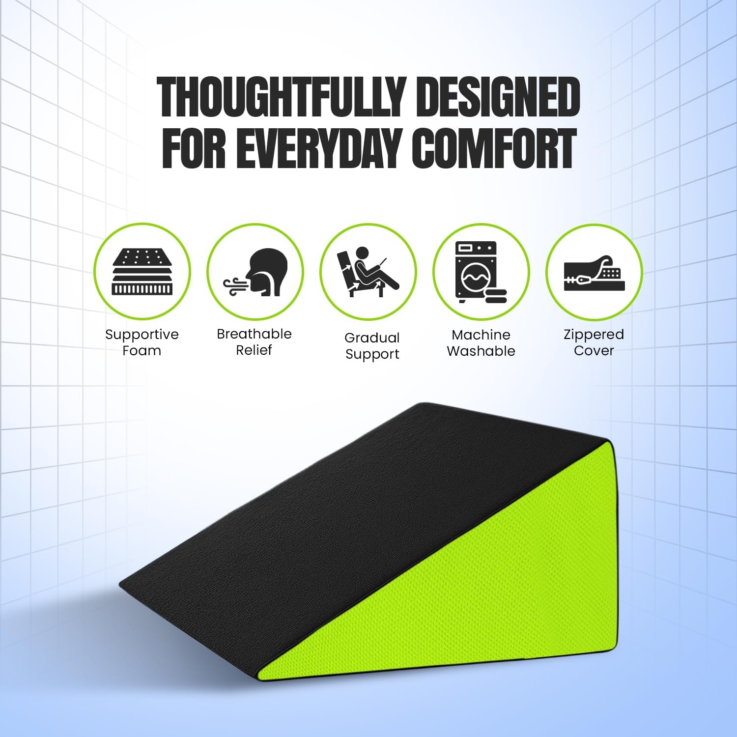 Wedge Memory Foam Pillow, Back Support Pillow For Bed, Snoring, Black & Green | Acid Reflux, Gerd, Leg Elevation, Pregnancy Support For Sitting & Sleeping | Wedge Cushion Pillow