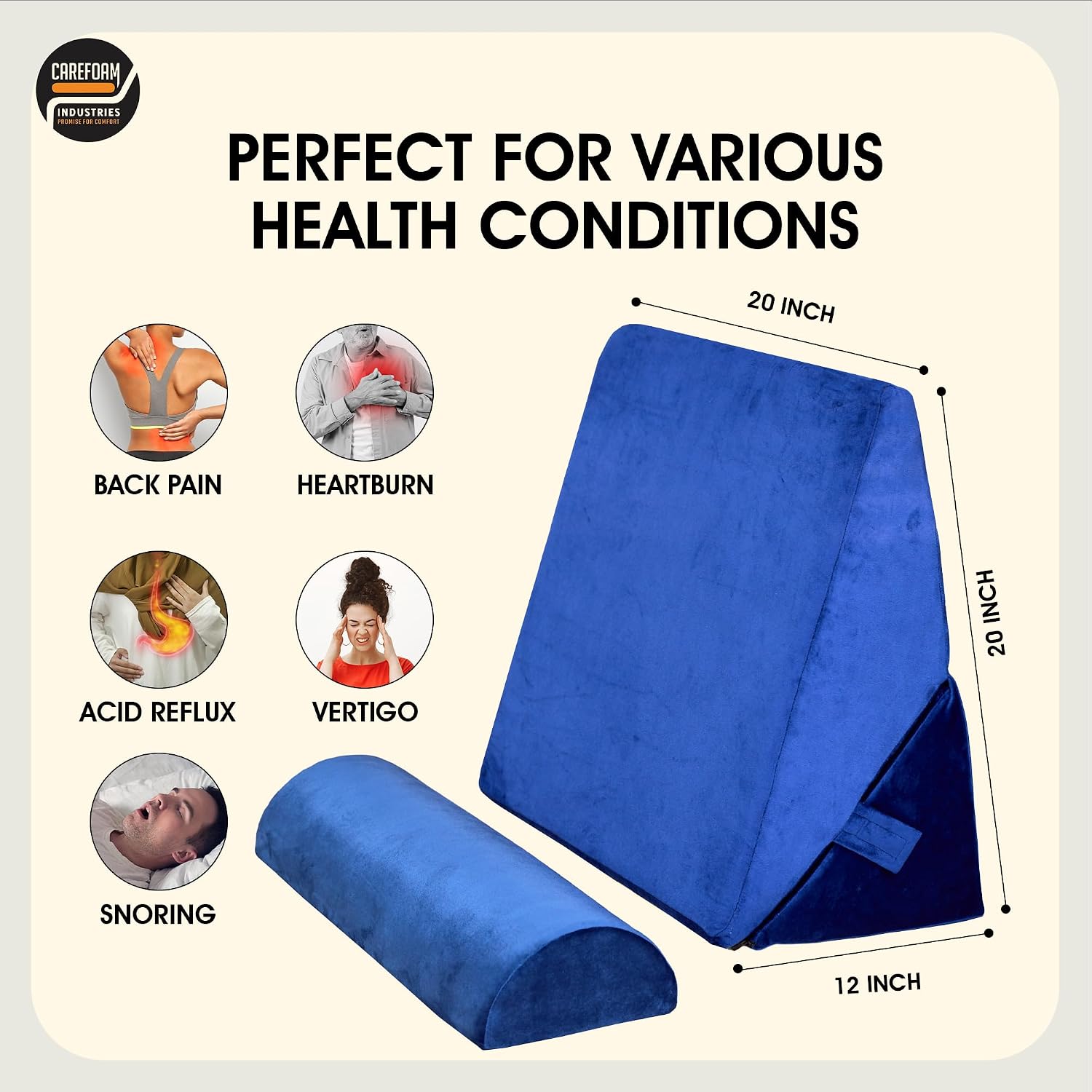 Wedge Pillow For Back Support, Adjustable Wedge Pillow With Headrest, Velvet Blue - 22 X 22 X 12 Inch | Memory Foam Bed Wedge Pillow For Sleeping | Acid Reflux, Gerd, Snoring, Resting