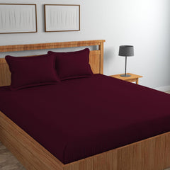 Pure Cotton Satin Stripes Plain King Size Bedsheet For Double Bed With Two Pillow Covers - 90x90 Inches, Wine | Ideal For Daily Use & Gifting Bedsheet