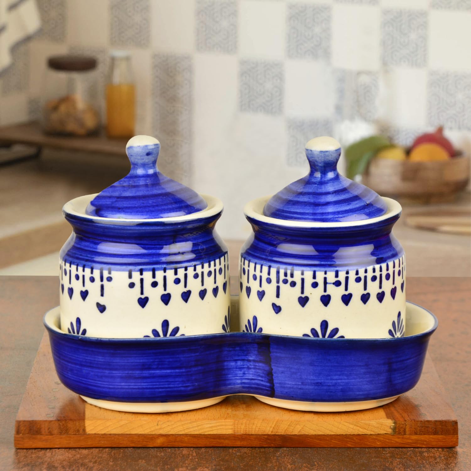 Hand Painted Ceramic Pickle Jar Set With Tray Set Of 2 - Blue & White, 250ml Each | Condiment Set, Masala Container - Pickle & Chutney Jar Set For Dining Table