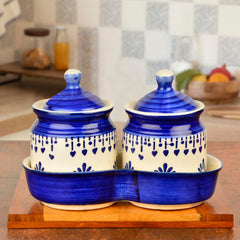 Hand Painted Ceramic Pickle Jar Set With Tray Set Of 2 - Blue & White, 250ml Each | Condiment Set, Masala Container - Pickle & Chutney Jar Set For Dining Table