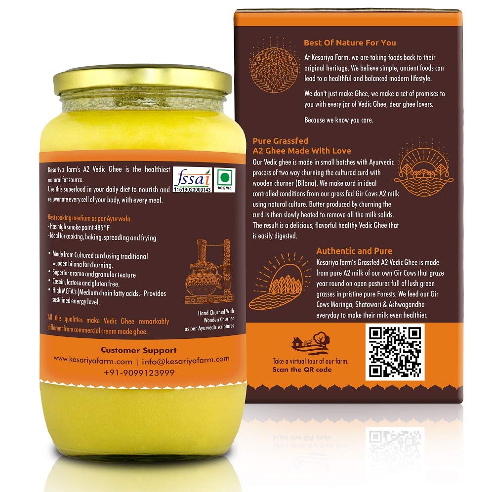 Premium A2 Gir Cow Cultured Desi Ghee From Kesariya Farm By Vedic Ghee | Bilona Two Way Churned Natural & Healthy Ghee Good For Cooking (1L) | 33.8 Ounce | Jar Pack