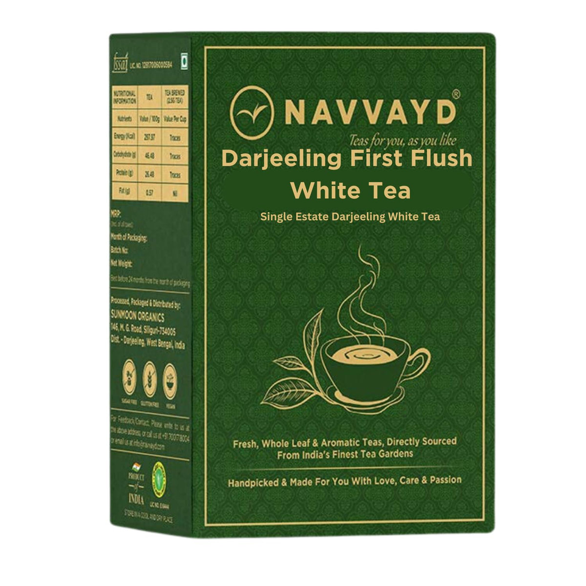 Navvayd Darjeeling First Flush White Tea - 100gm, 3.5 Ounce, 50 Cups | Single Estate Darjeeling White Tea - Long & Whole Leaves | Low Caffeine, Gluten Free, Vegan