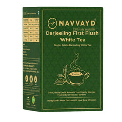 Navvayd Darjeeling First Flush White Tea - 100gm, 3.5 Ounce, 50 Cups | Single Estate Darjeeling White Tea - Long & Whole Leaves | Low Caffeine, Gluten Free, Vegan