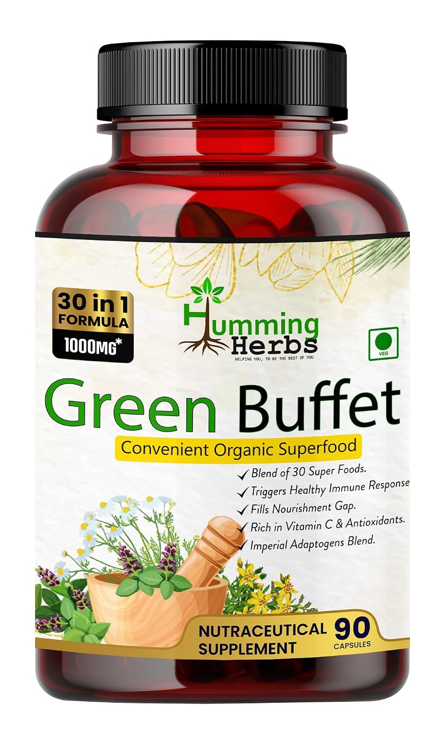Humming Herbs Super Green, Improving Immunity & Skin Glow , 30 Super Foods Like Quercetine Cordyceps Spirulina Alfalfa Ashwgandha Seabuck Thorn Acai Berry Goji Berry | 90 Capsules , 150gm 0.3lbs