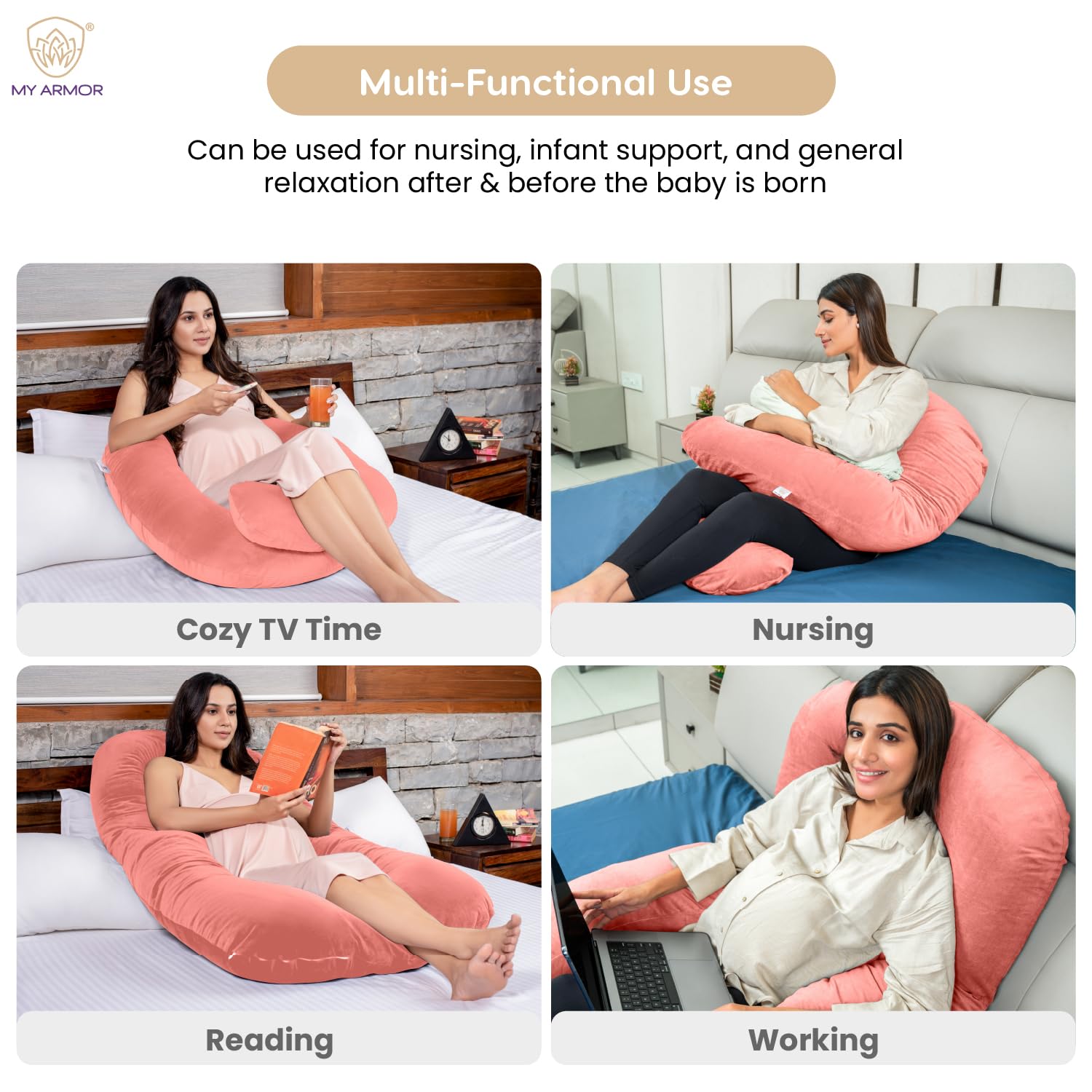 Full Body U Shape Pregnancy Pillow For Women, Maternity Pillow, Peach Color | Abdomen, Hip, Spine, Neck & Head Support Cushion For Pregnant Women | Premium Velvet Outer Cover With Zip