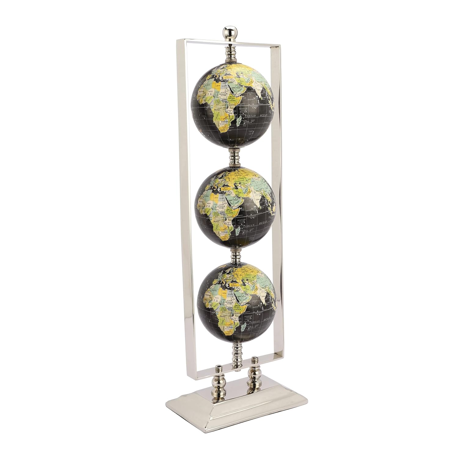 Handcrafted Vertical Triple Golden Globe Stand Decorative, Accessories For Table, Desk For Showpiece, Office Shelves, Bedroom & Gifting (Black Silver) Set Of 3 Globes In 1