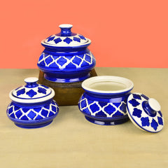 Hand Painted Ceramic Handi Set With Lid Set Of 3 - 1900ml, 1200ml & 650ml, Blue | Dinner Serving Bowls - Biryani Handis, Serving Pots