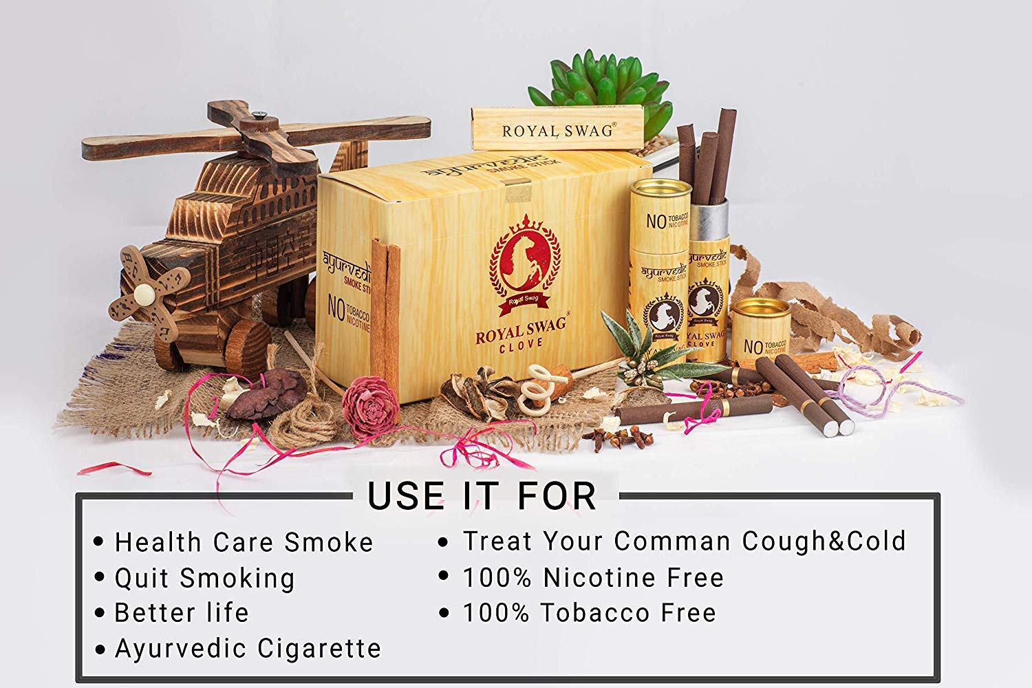 Royal Swag Ayurvedic & Herbal Cigarette, Clove Flavour Smoke Tobacco Free Cigarettes Helps In Quit Smoking - (10 Sticks, 1 Shot)