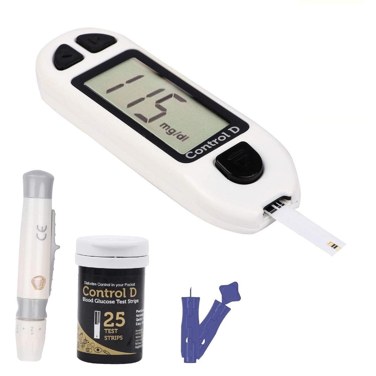 Control D Blood Glucose Test Monitor + Strips - 25 Strips, White