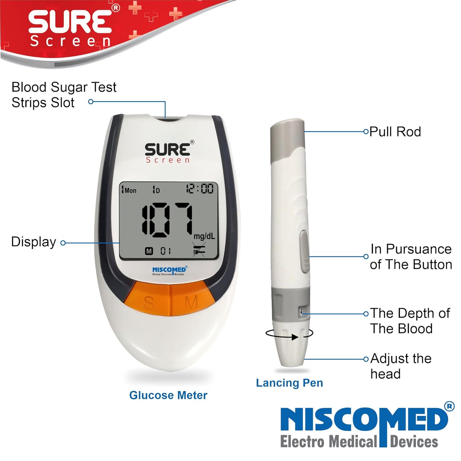 Niscomed Sure Screen Accurate Digital Glucose Blood Sugar Testing Machine With 25 Strips Glucometer (White & Grey)