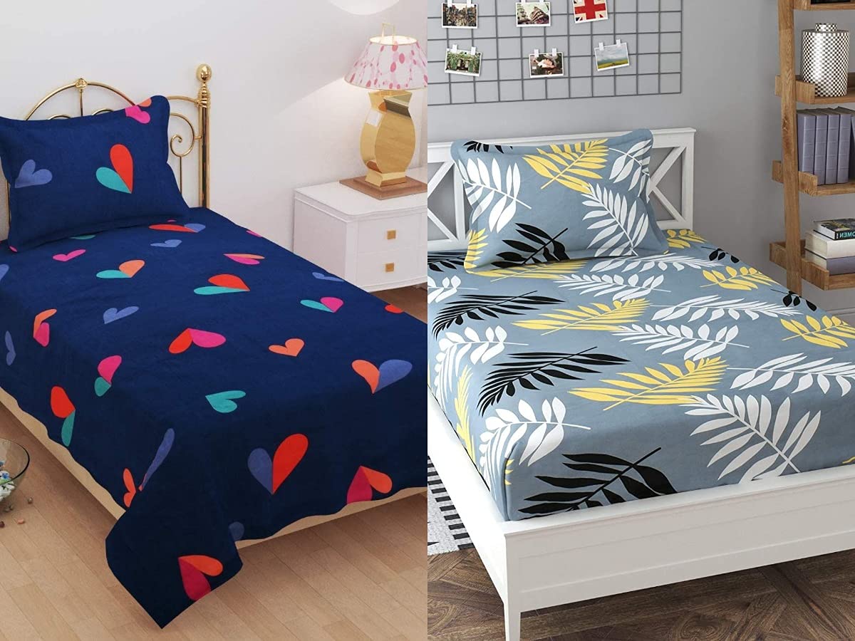 Combo 2 Single Bed With 2 Pillow Covers - 60 X 90 Inches, Blue & Grey | Premium Cotton Material - Skin Friendly & Long Lasting | Super Soft 300 Thread Count