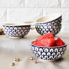 Mermaid Tales Hand Painted Ceramic Dinner Set - 8 Piece, White & Indigo | 4 Dinner Plates + 4 Katori Serving Bowls, 180ml Each | Serving For 4, Microwave Safe & Dishwasher Safe