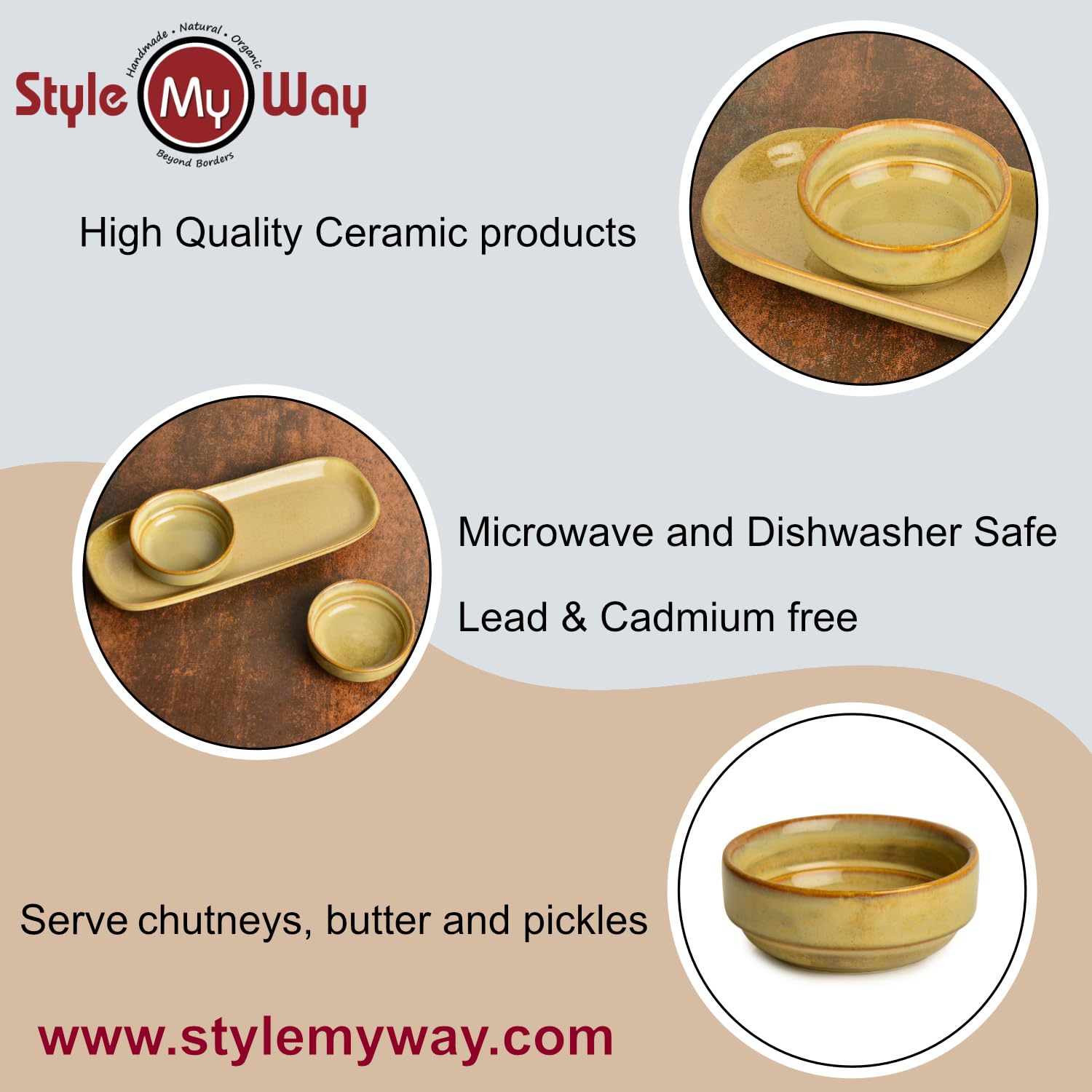 Beautiful Reflective Glaze Ceramic Dip Bowls Set Of 2 With Tray - Beige | Mini Bowls With Dash Tray - Ketchup Bowls