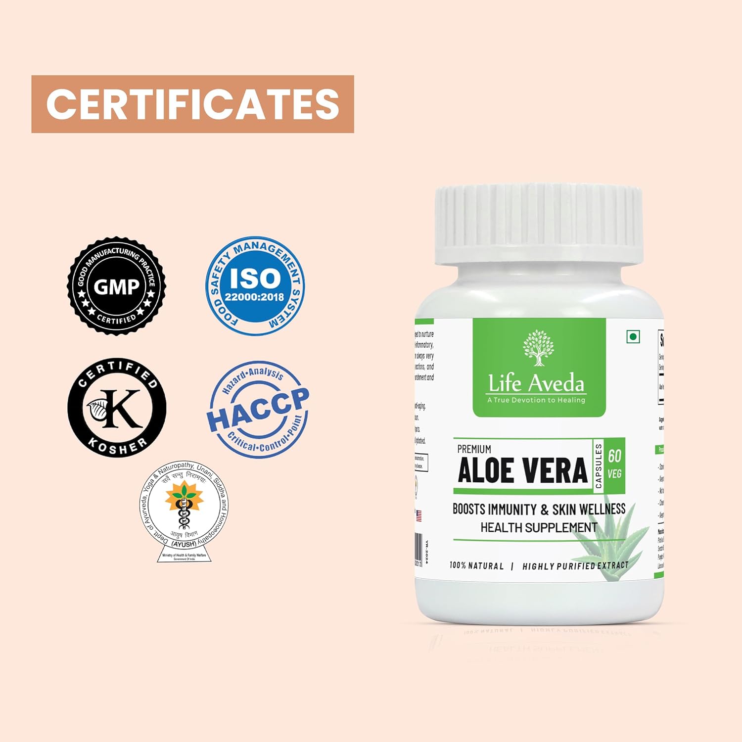 Life Aveda Premium Aloe Vera Capsules For Immunity Boosts, Skin Rejuvenates, Strengthens Hair & Improves Digestion | 60 Capsules, 100gm 0.2lbs