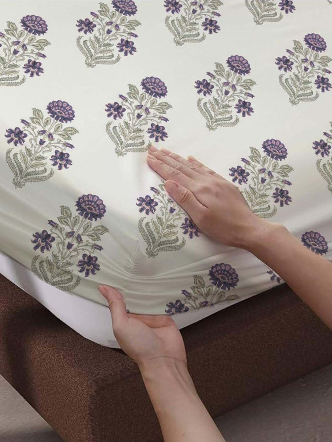 Elastic Fitted Bedsheet For King Size With 2 Pillow Cover - 78 X 84 Inches, Cream & Purple | Soft & Luxury Bed Sheet-Breathable & Comfortable Bedsheet