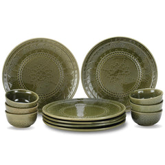 Handcrafted Stoneware Embossed Dinner Set Of 6 - Ceramic Pack Of 12 Pcs, Moss Green | 4 Dinner Plates + 4 Bowl Or Katori, 180ml Each - Microwave & Dishwasher Safe | Serving For 6