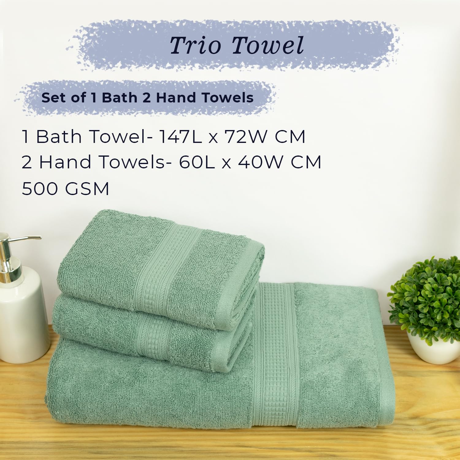 Rangoli 100% Cotton Fibre 1 Bath & 2 Hand Towel 900 Gsm | Highly Durable & Super Absorbent Towel | Skin-Friendly & Quick Drying Luxury Towels (Mint Green) - Pack Of 3