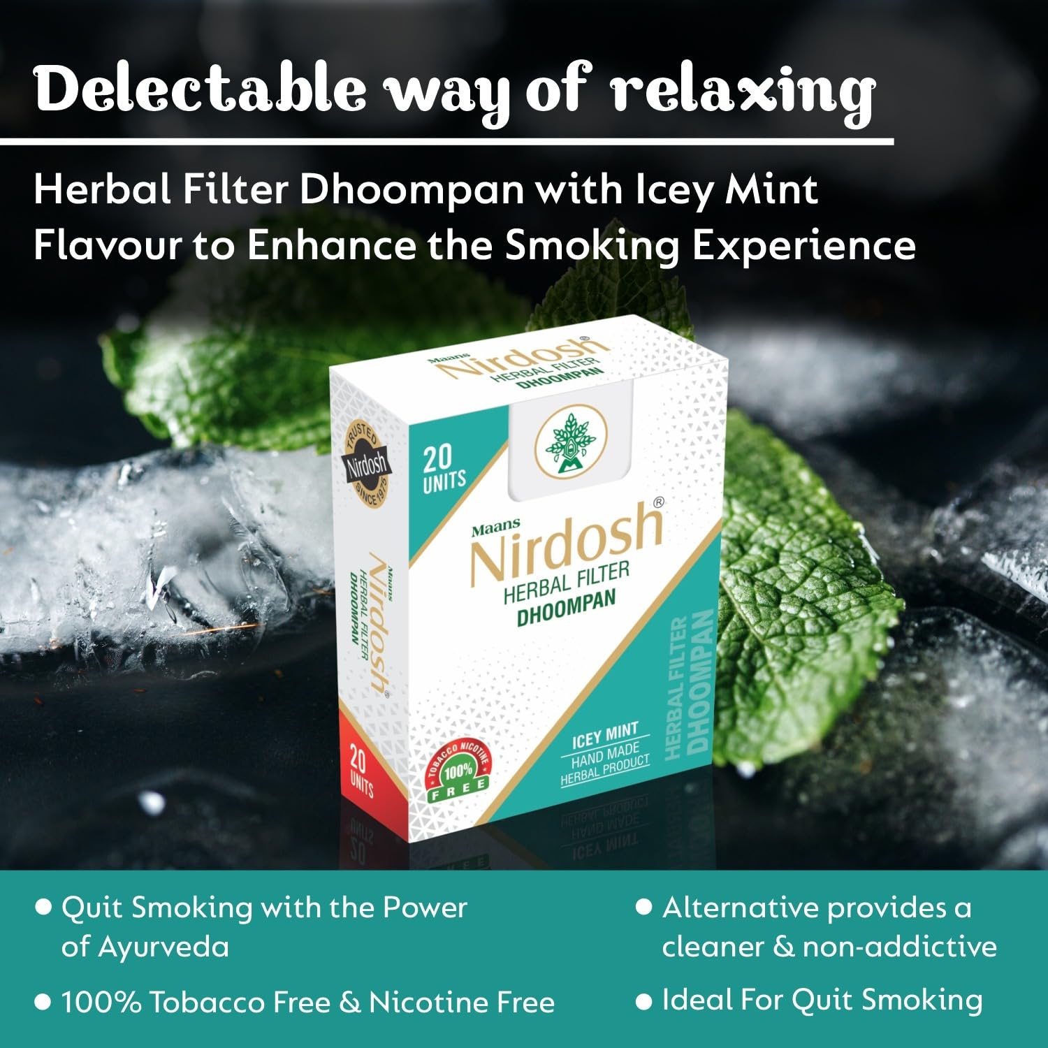 Icey Mint Flavored Herbal Filter Dhoompan Sticks - Pack Of 2X 20 Pcs Herbal Cigarette | Bidi Sticks Rolled In Tendu Leaves, Non-Addictive Sticks - Tobacco Free & Nicotine Free