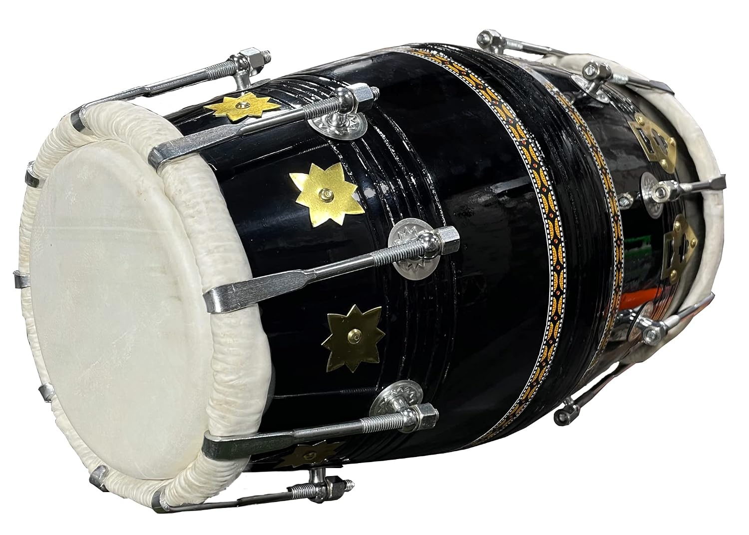 Professional Dholak With Glassy Black Finish Multi Feature Bag - Yellow Brown | Both Side Nut & Bold Fitting - Multi Feature Bag, Blat & Spinner