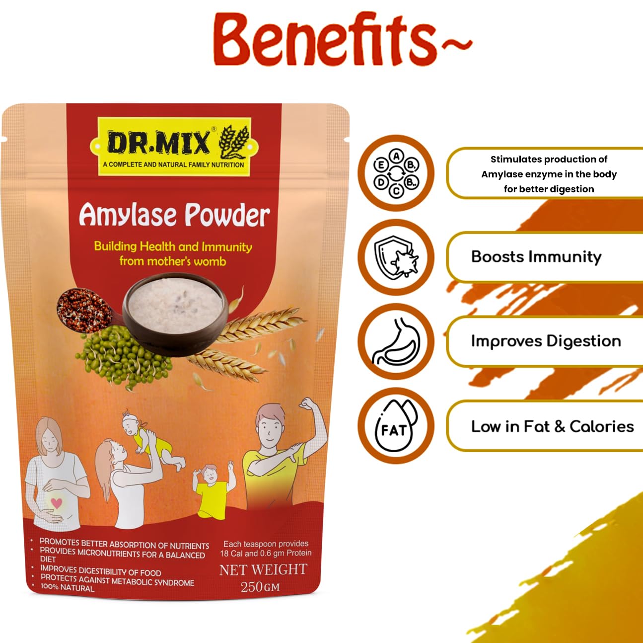 Dr. Mix Nutritious Amylase Powder, Contains Enzymes & Probiotics, Improves Digestion, Increase Absorption Of Nutrients, Decreases Thickness Of Food | 250gm 0.5lbs