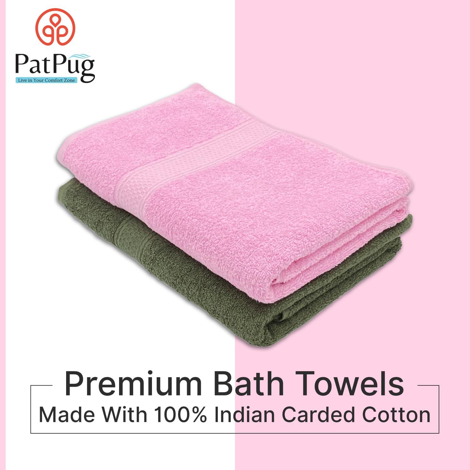 PatPug 100% Indian Ultra Soft Cotton 380 Gsm | Highly Absorbent, Fade Resistant Large Bath Towel (Sweet Pink And Olive Green) - Pack Of 2