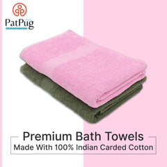 PatPug 100% Indian Ultra Soft Cotton 380 Gsm | Highly Absorbent, Fade Resistant Large Bath Towel (Sweet Pink And Olive Green) - Pack Of 2