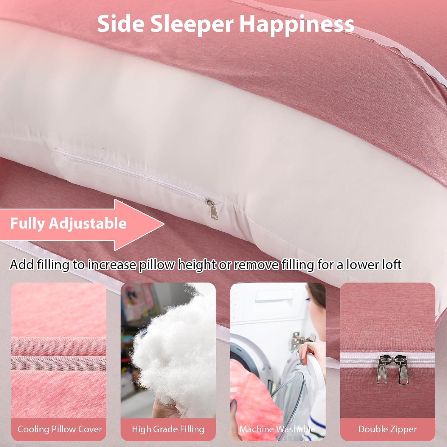 Pregnancy Pillow For Sleeping, Body Pillows For Adults, Adjustable, Dark Peach | Maternity Pillow With Cooling Removable Cover | Pillow For Back, Legs, Belly, Hips For Pregnant Women