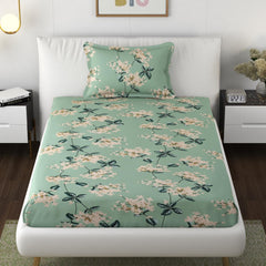 Premium Cotton Elastic Fitted 1 Single Bedsheets With 1 Large Pillow Covers | Size 36 X 78 Inches, Pista Green - Wrinkle Free & Soft Touch Summer Bedsheet