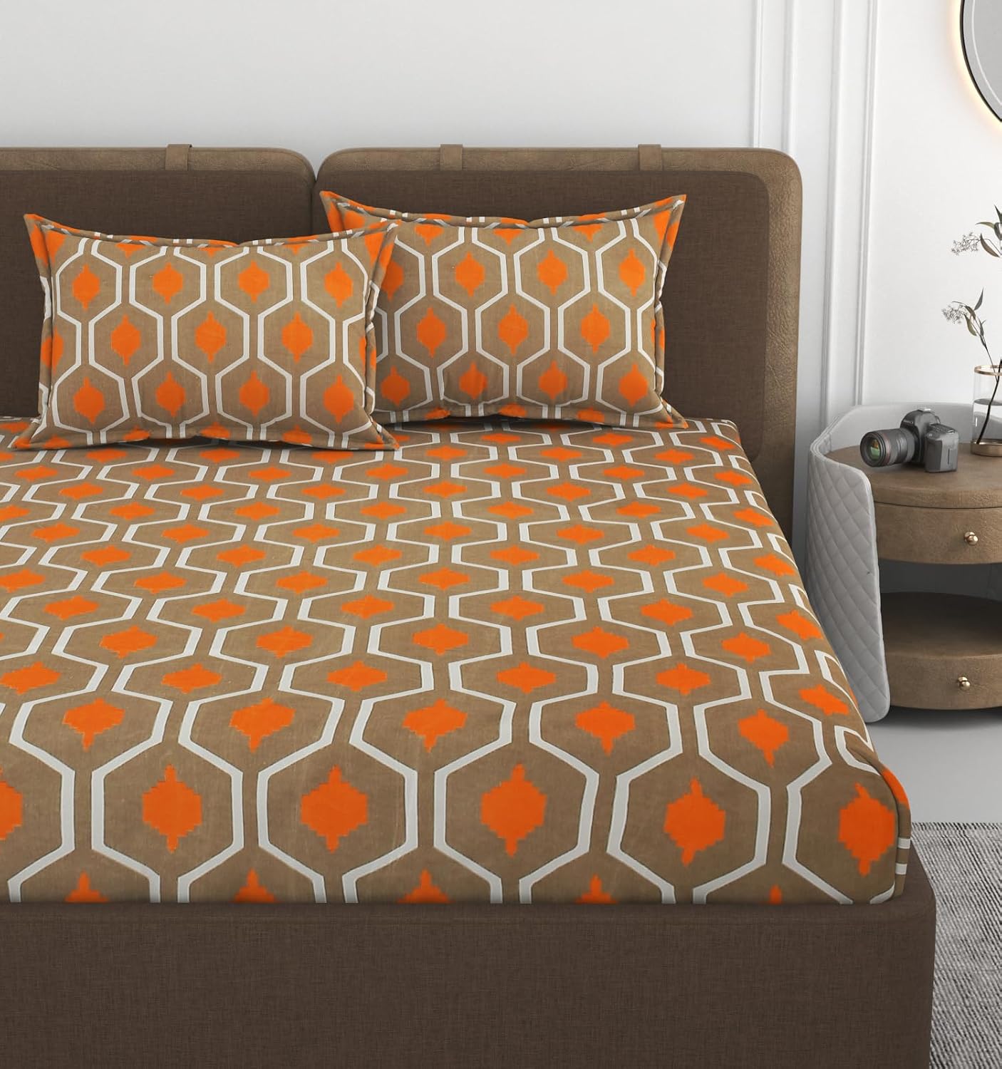 Double Bedsheet With 2 Pillow Covers Size 72 X 72 X 10 Inches, Brown & Orange | Cotton Feel All Around Elastic Fitted - Queen Size Bedsheets, Super Soft