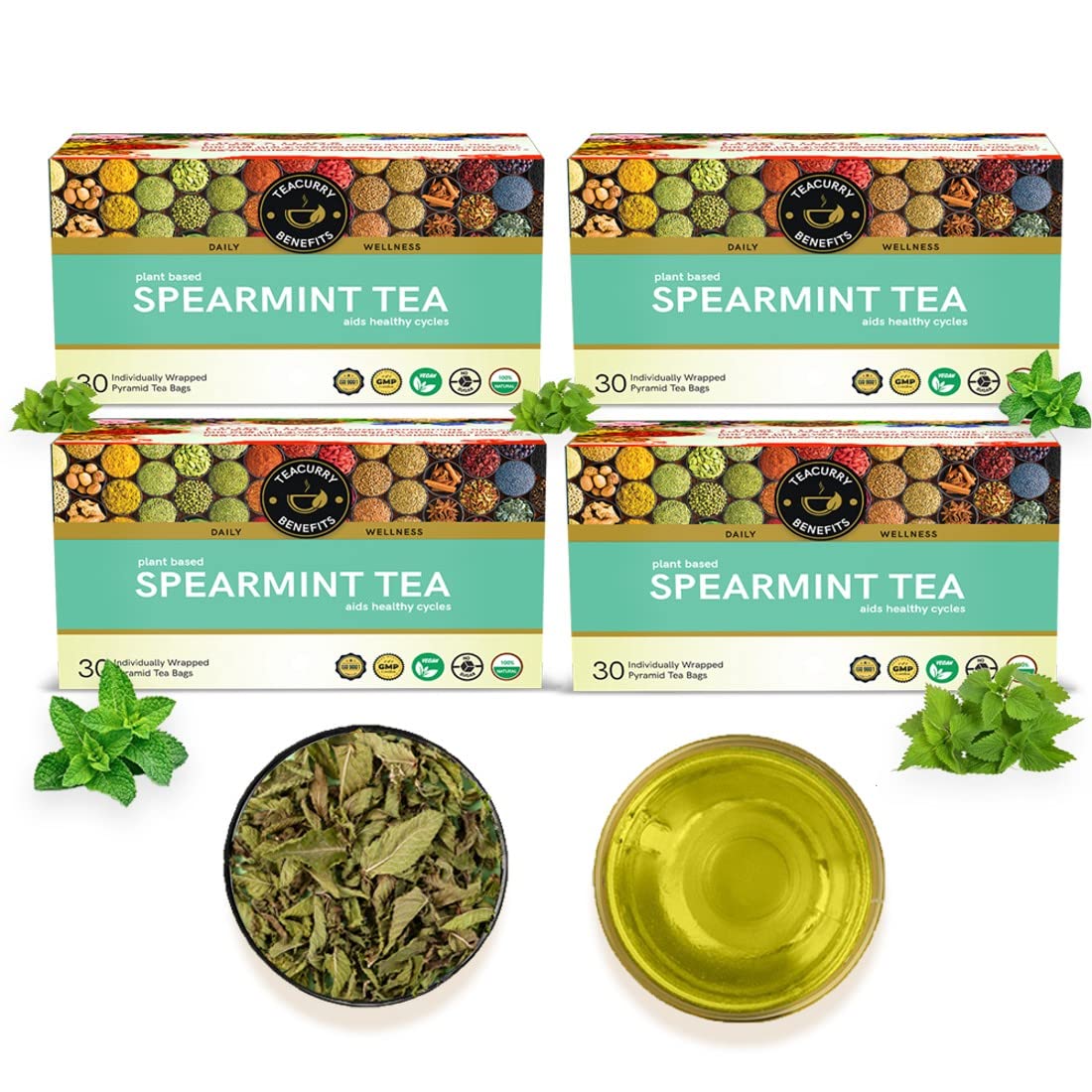 Teacurry Plant Based Spearmint Leaf Tea Bag - Pack Of 4 X 60gm, 2.1 Ounce Each, 120 Pyramid Tea Bags | Helps With Hormonal Imbalance, Facial Hair & PCOS - Caffeine Free, Gluten Free