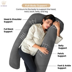 Full Body U Shape Pregnancy Pillow For Women, Maternity Pillow, Dark Grey | Pillow Gift For Pregnancy Sleeping, Premium Velvet Cover With Zip | Adjustable & Washable, Relieves Pain