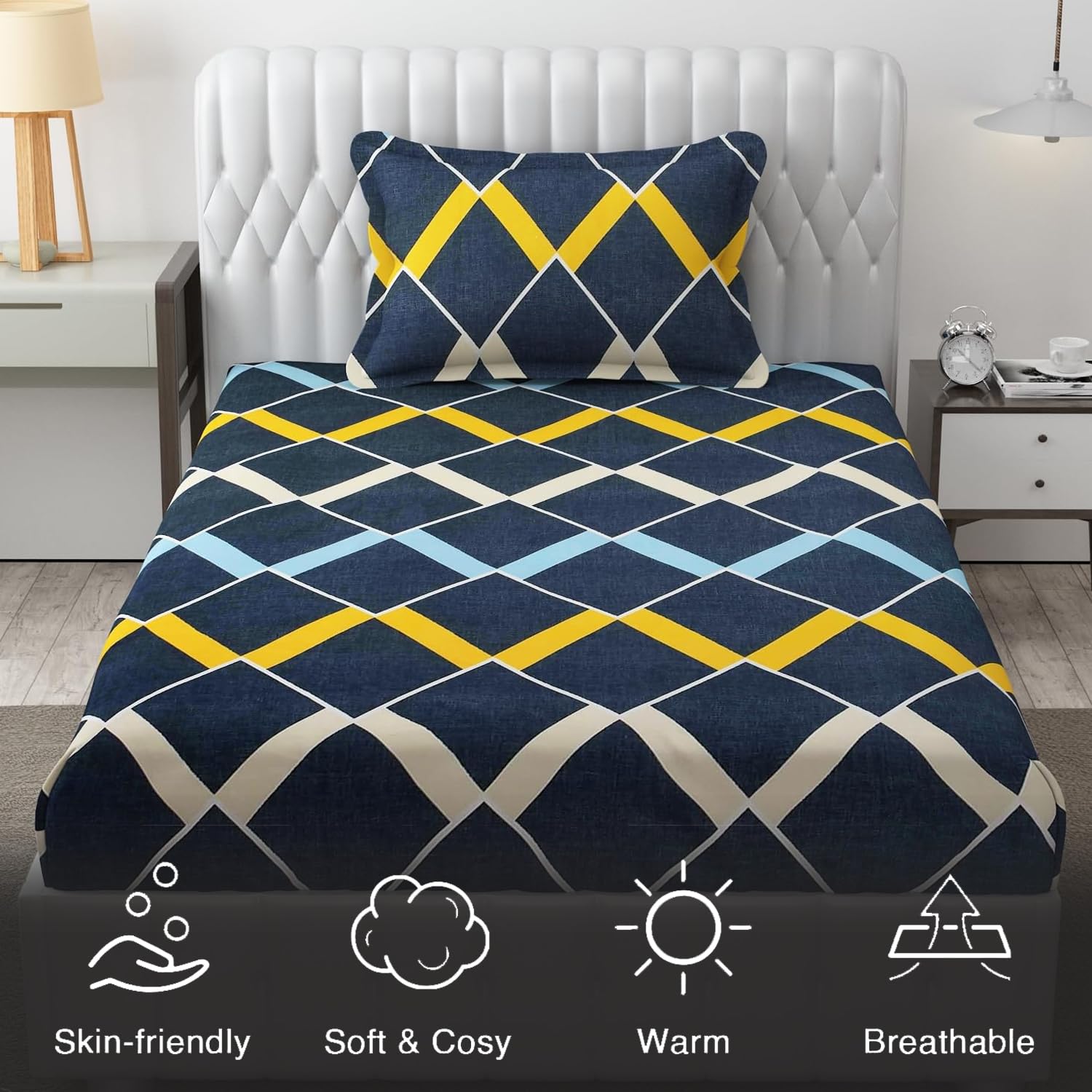 Microfiber Single Bedsheet Set With 1 Pillow Covers (60 X 90 Inches) Dark Blue | Durable & Long-Lasting | 144 Thread Count | Wrinkle Free
