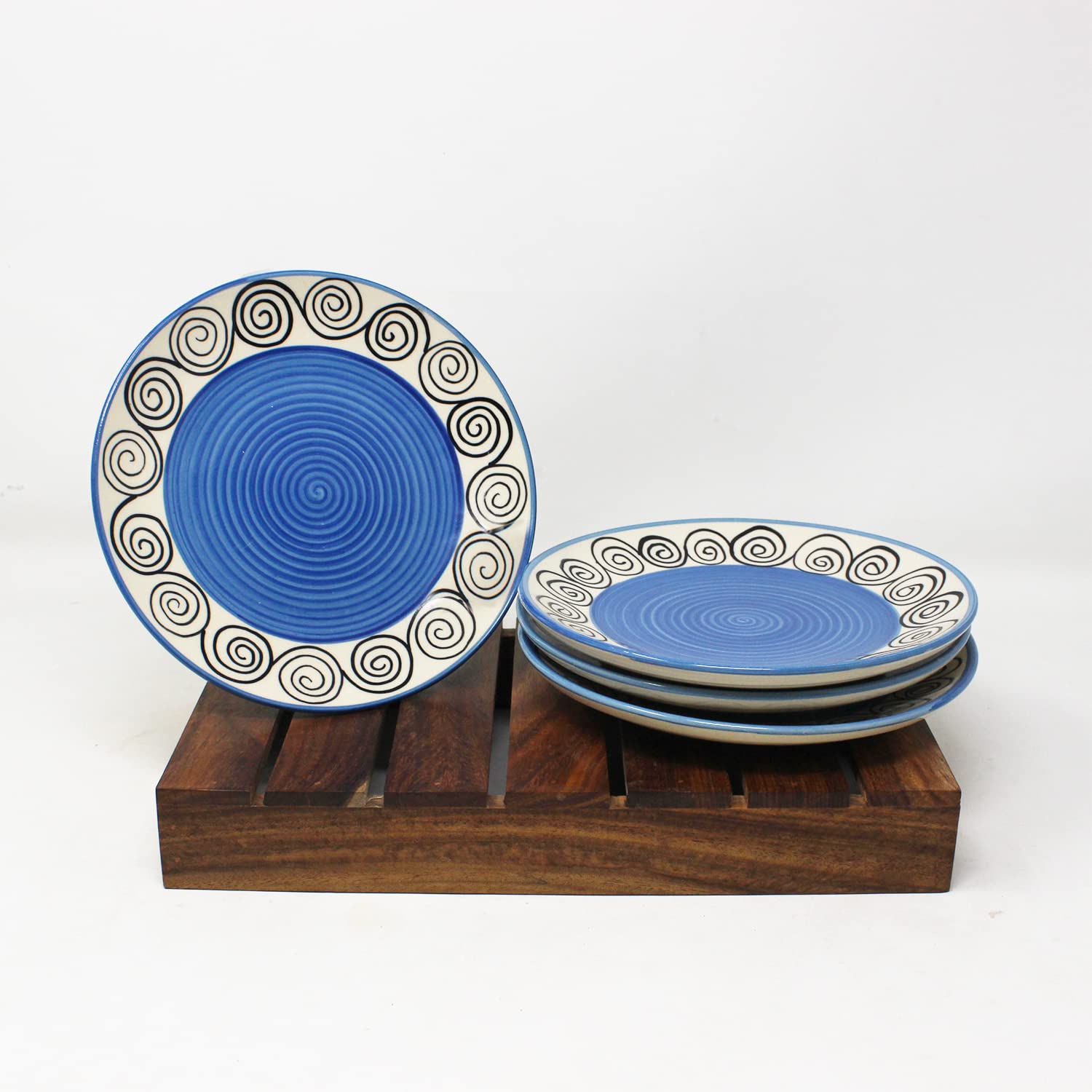 Hand Painted Blue Swirl Ceramic Quarter Plates Set Of 4 | Small Side Plates For Dinner & Snacks - 7 Inch, 4 Pieces, Microwave Safe