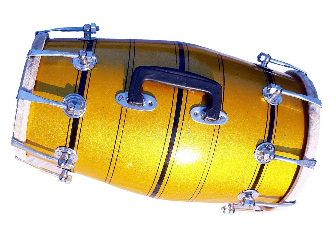 Wooden Musical Dholak Instrument Drum Nuts & Bolt - Yellow | Perfectly Symmetric Round Dholak - Dholak For Festival, Wedding, Satsang | Very Easy To Tune