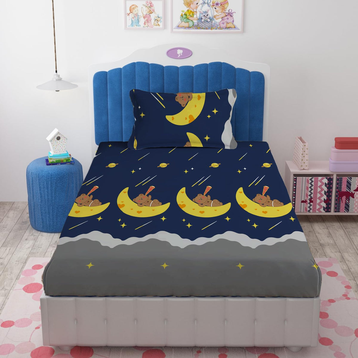 Cartoon Printed Single Bedsheet For Kids With One Pillow Cover - 60 X 90 Inches, Dark Blue & Grey | 300 Thread Count - Wrinkle Free Soft Perfect For Everyday Use