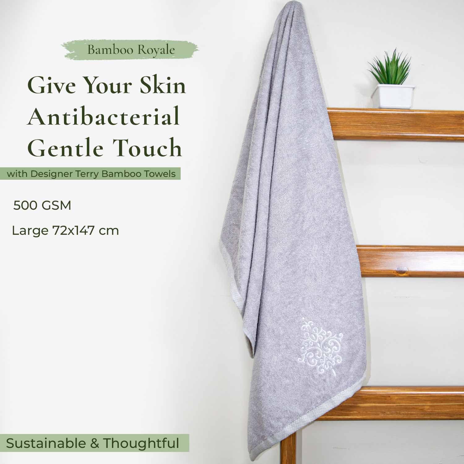 Rangoli 100% Bamboo Bath Towels 500 Gsm | Large Size Ultra Soft, Quick-Absorbent & Eco-Friendly Bath Towels - Grey